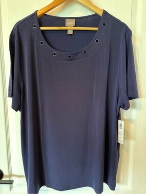 Chico's Navy Short Sleeve Scoop Neck Top with Grommet Trim